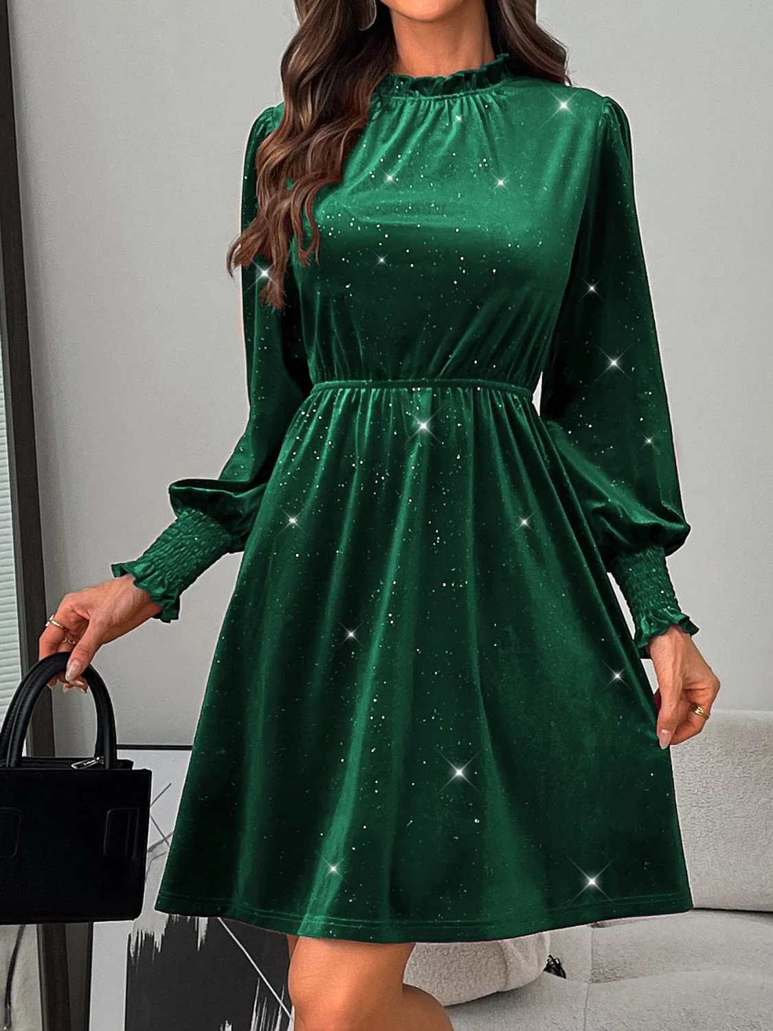 Burgundy Glitter Mock Neck Long Puff Sleeve Mini Dress - Image 10