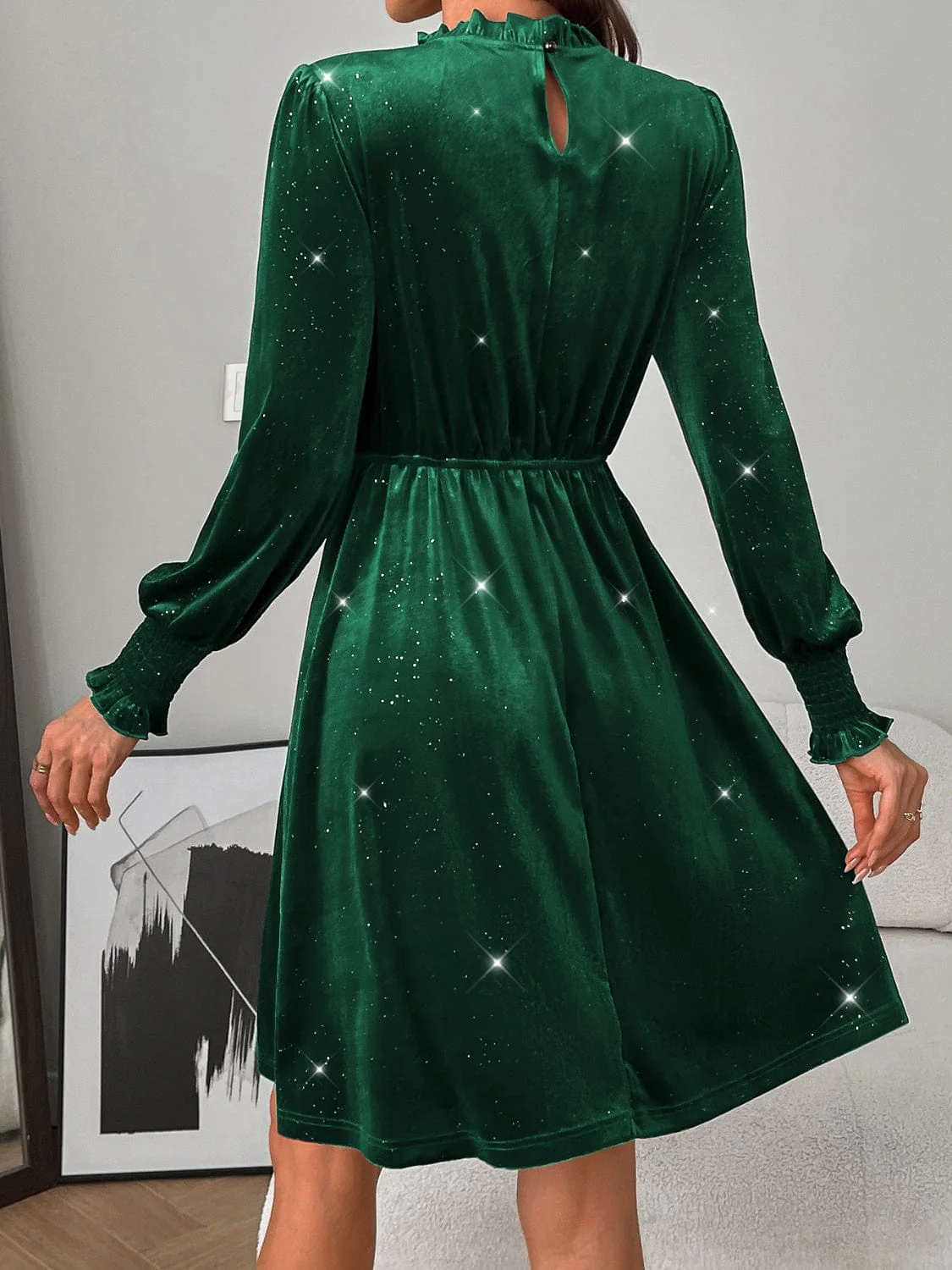 Burgundy Glitter Mock Neck Long Puff Sleeve Mini Dress - Image 12