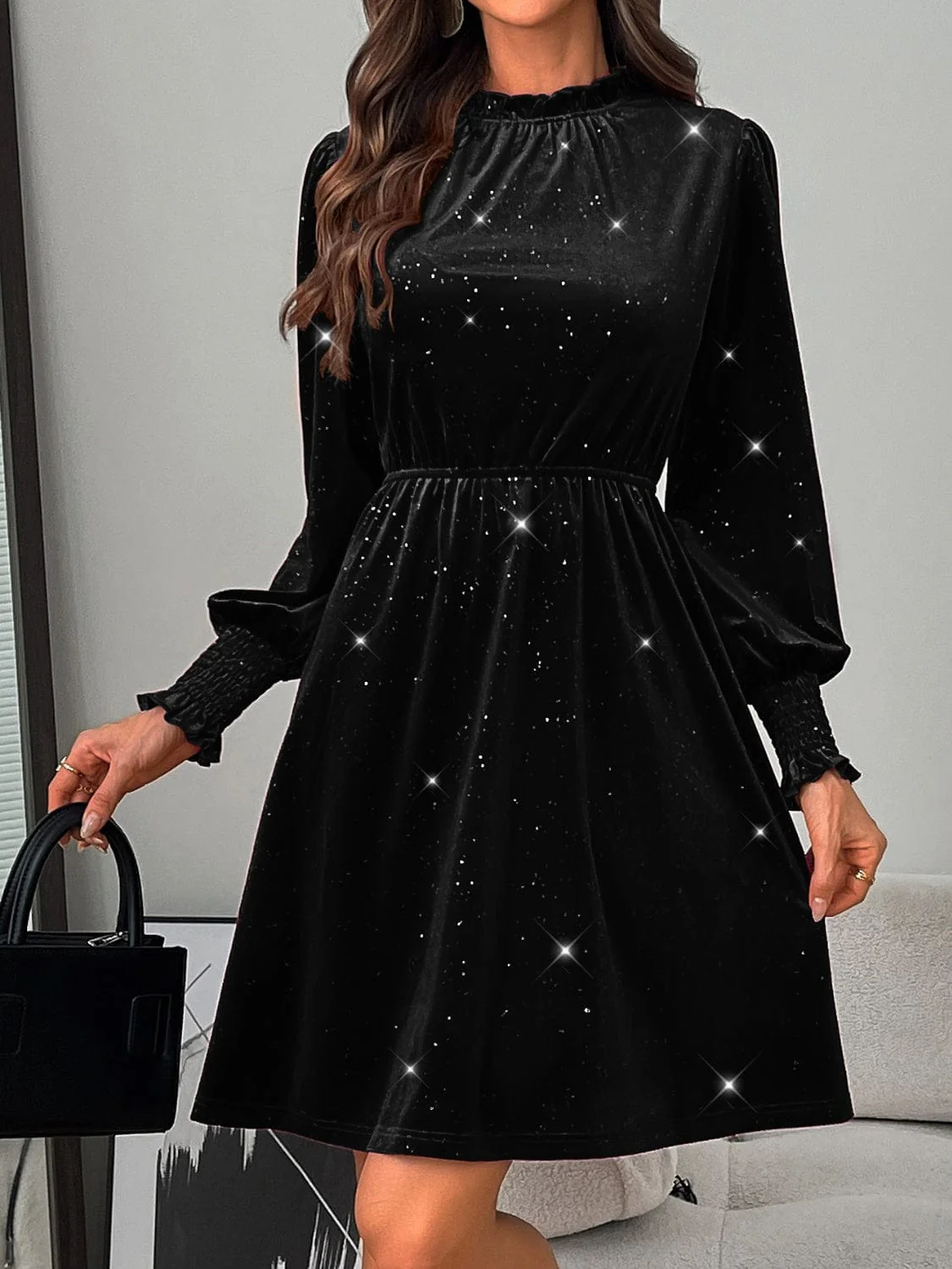 Burgundy Glitter Mock Neck Long Puff Sleeve Mini Dress - Image 15