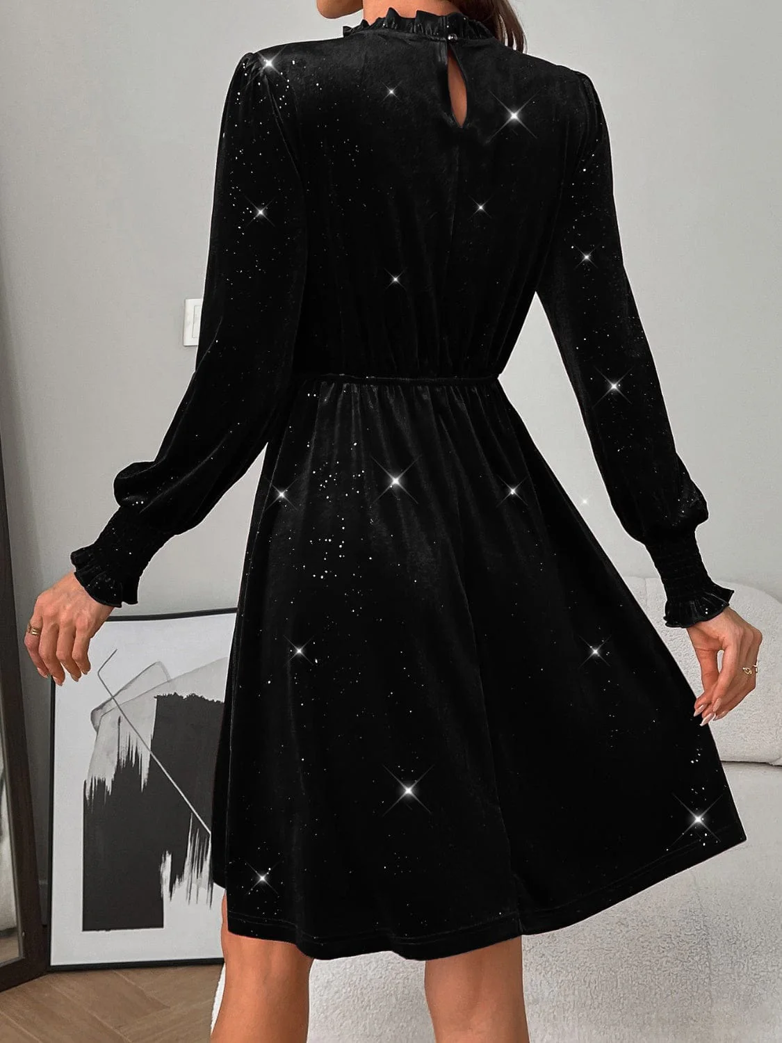 Burgundy Glitter Mock Neck Long Puff Sleeve Mini Dress - Image 18