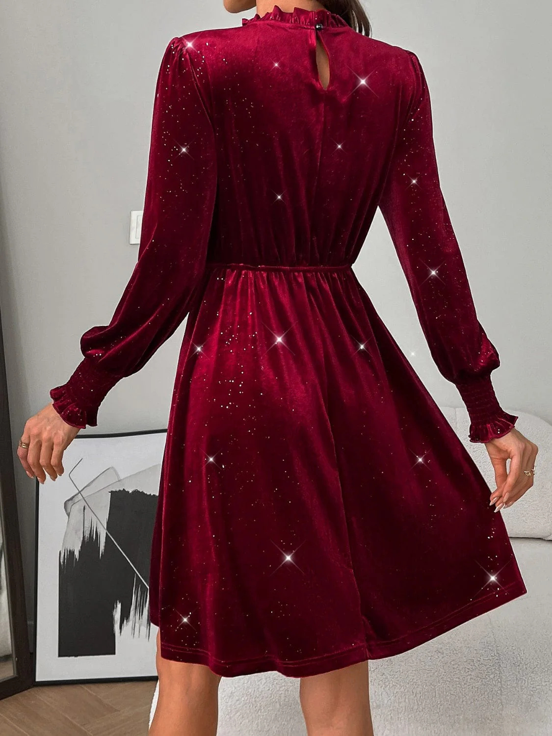 Burgundy Glitter Mock Neck Long Puff Sleeve Mini Dress - Image 2