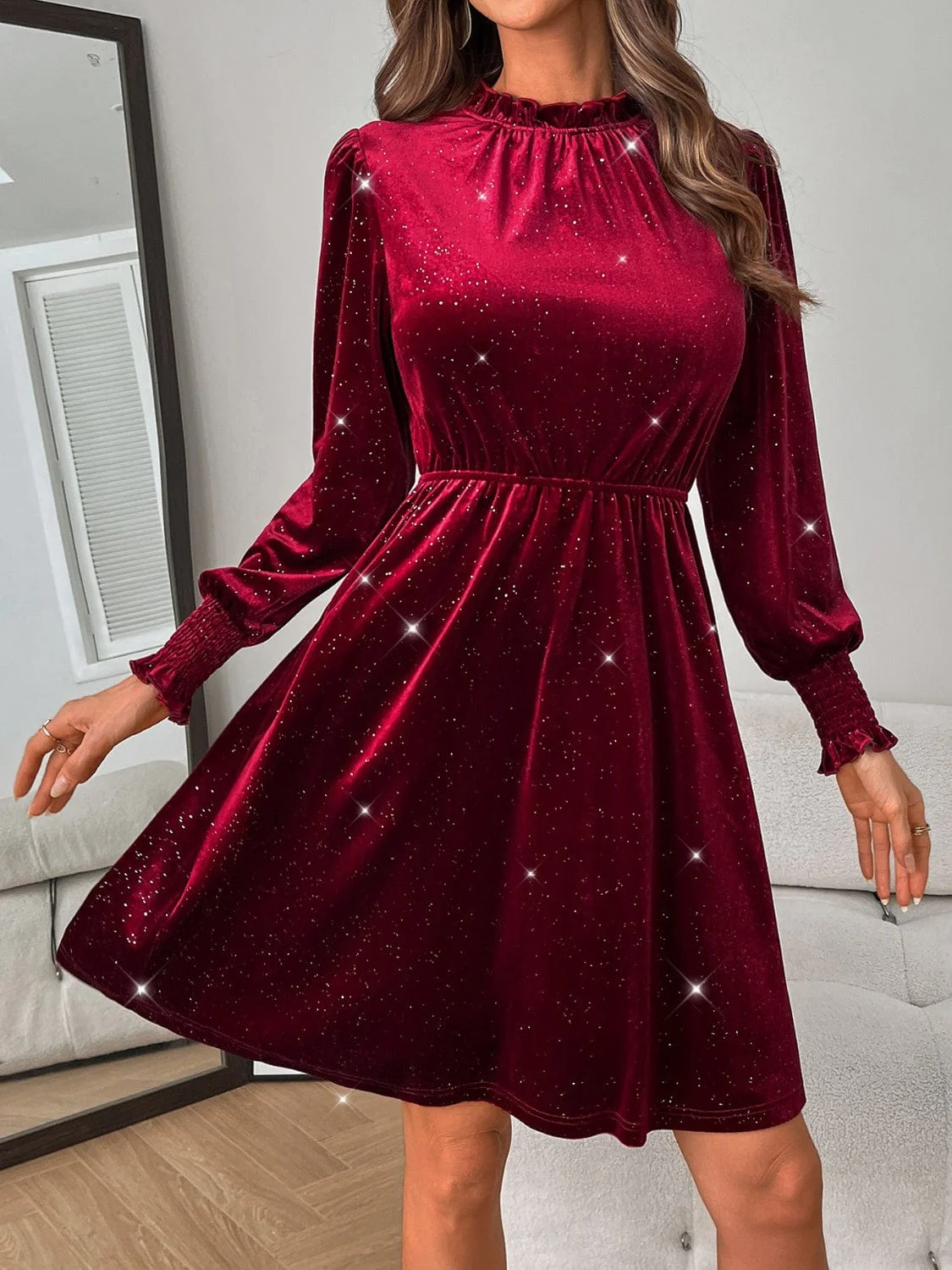 Burgundy Glitter Mock Neck Long Puff Sleeve Mini Dress - Image 4