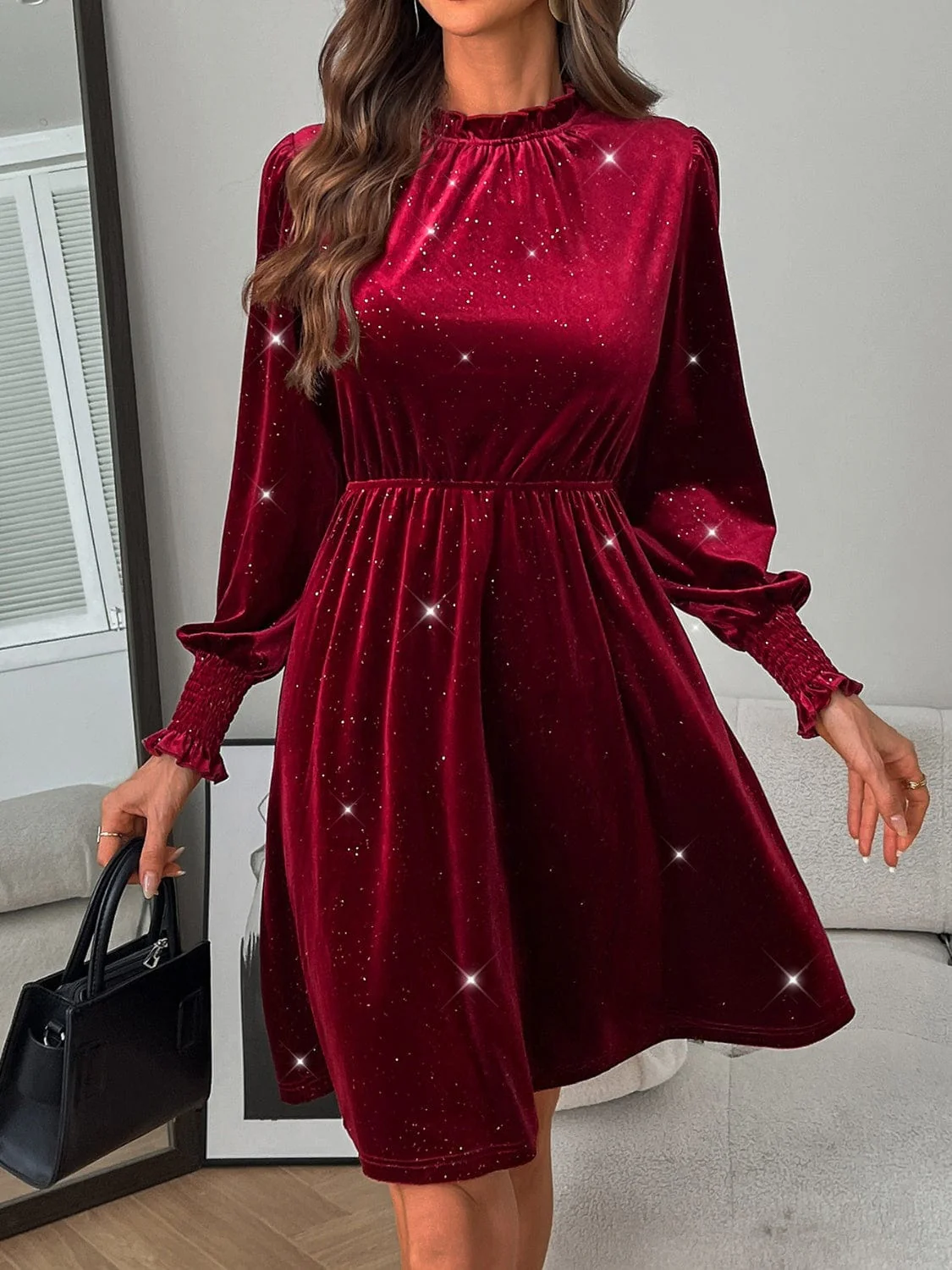 Burgundy Glitter Mock Neck Long Puff Sleeve Mini Dress - Image 5