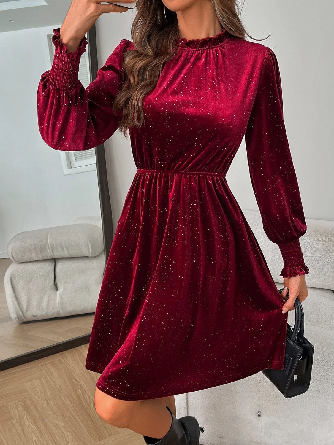 Burgundy Glitter Mock Neck Long Puff Sleeve Mini Dress - Image 6