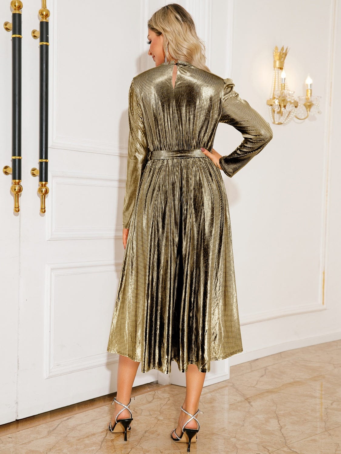 Gold Brass Tie Waist Long Sleeve Midi Evening Dress - Image 2