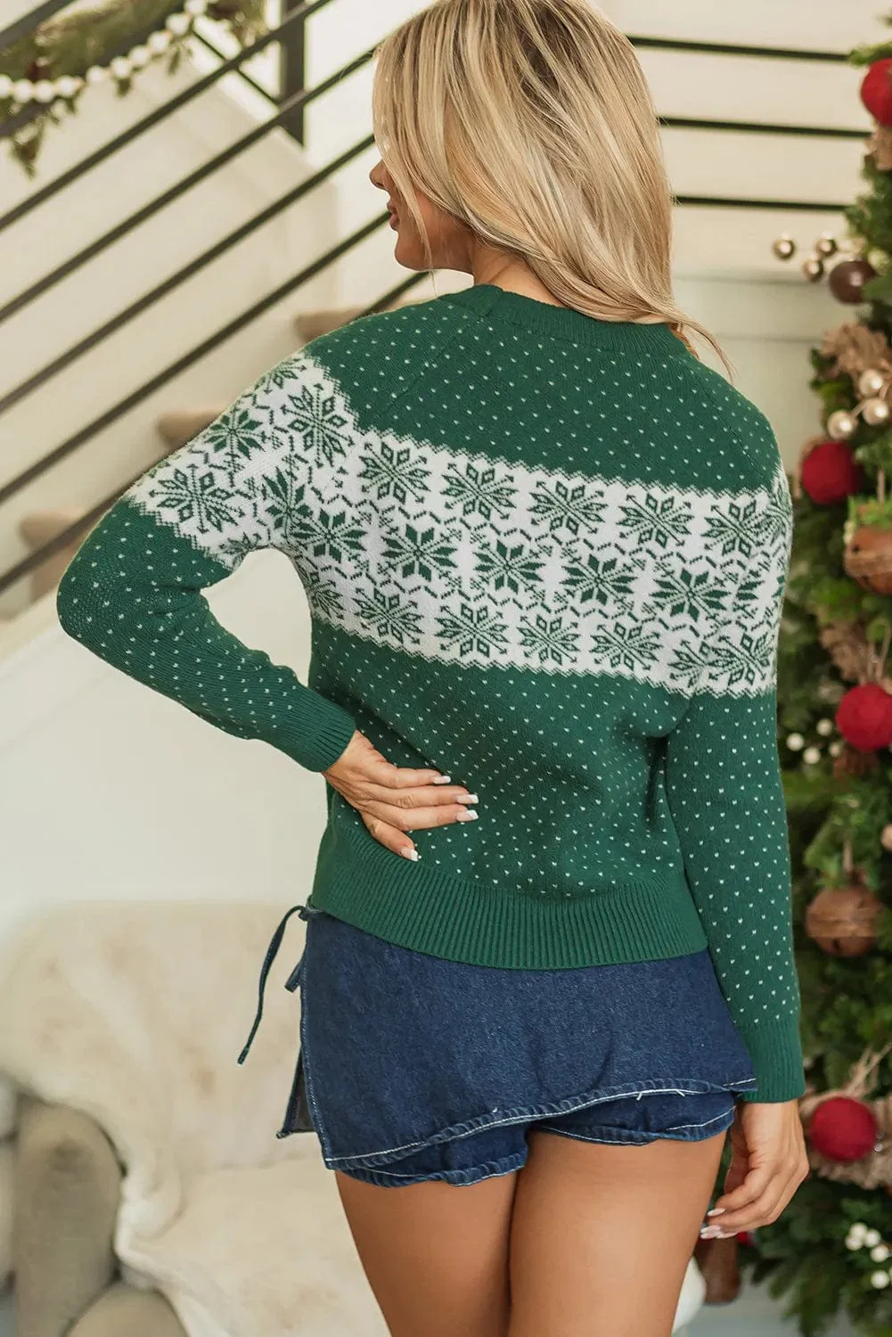 Green Christmas Holiday Graphic Round Crew Neck Long Sleeve Women's Sweater - Image 5