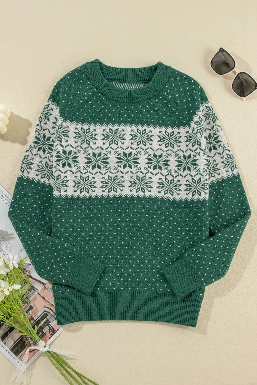 Green Christmas Holiday Graphic Round Crew Neck Long Sleeve Women's Sweater - Image 7