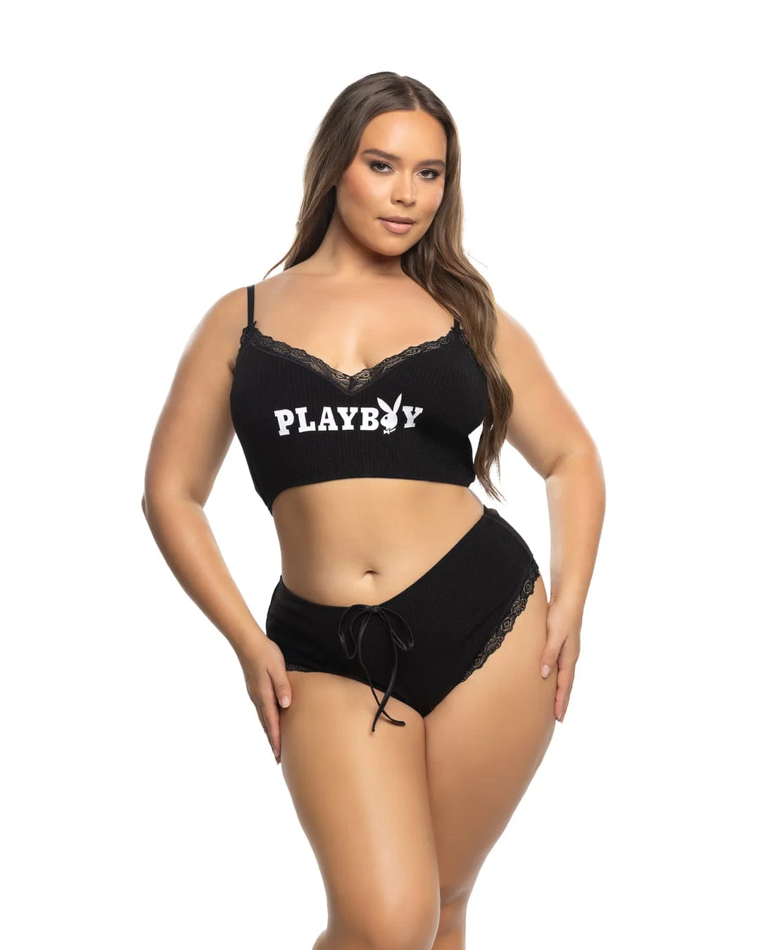 Black Playboy Bunny Comfy Modal Knit Lace Cami Top & Cheeky Panty Lounge Lingerie (Plus Size Available) - Image 5