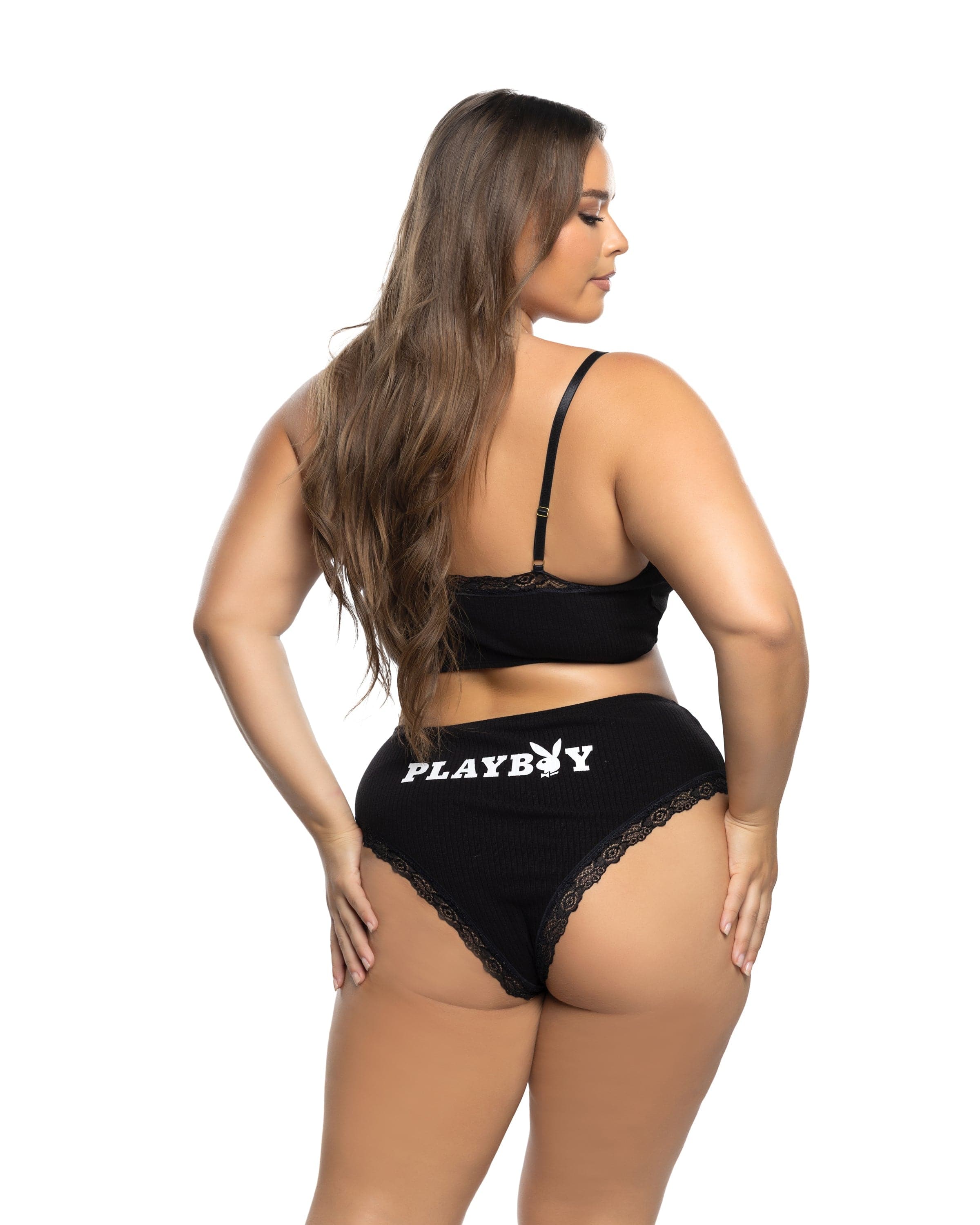 Black Playboy Bunny Comfy Modal Knit Lace Cami Top & Cheeky Panty Lounge Lingerie (Plus Size Available) - Image 6