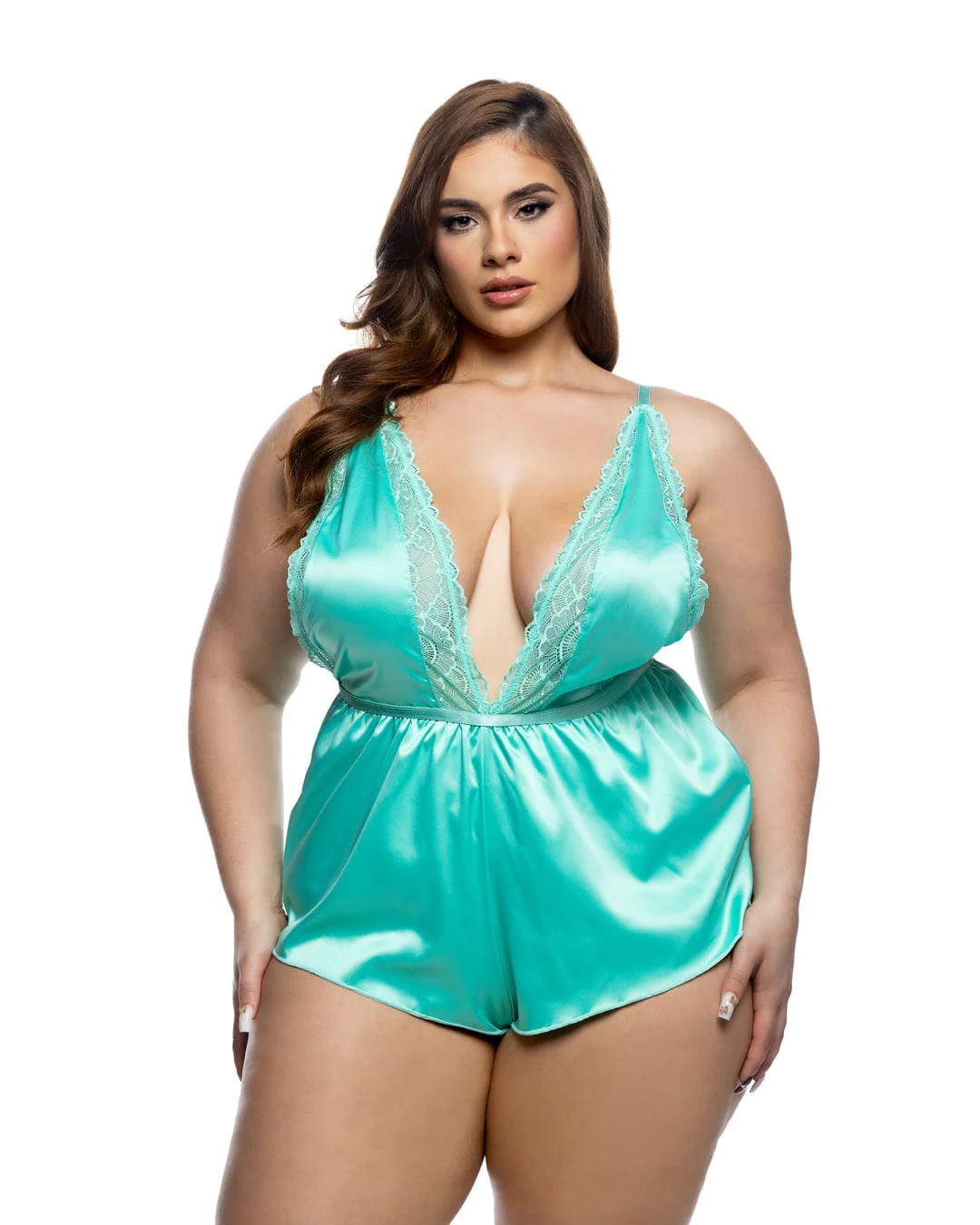 Plus Size Green Floral Lace Satin Deep Plunge Halter Brazilian Teddy Lingerie