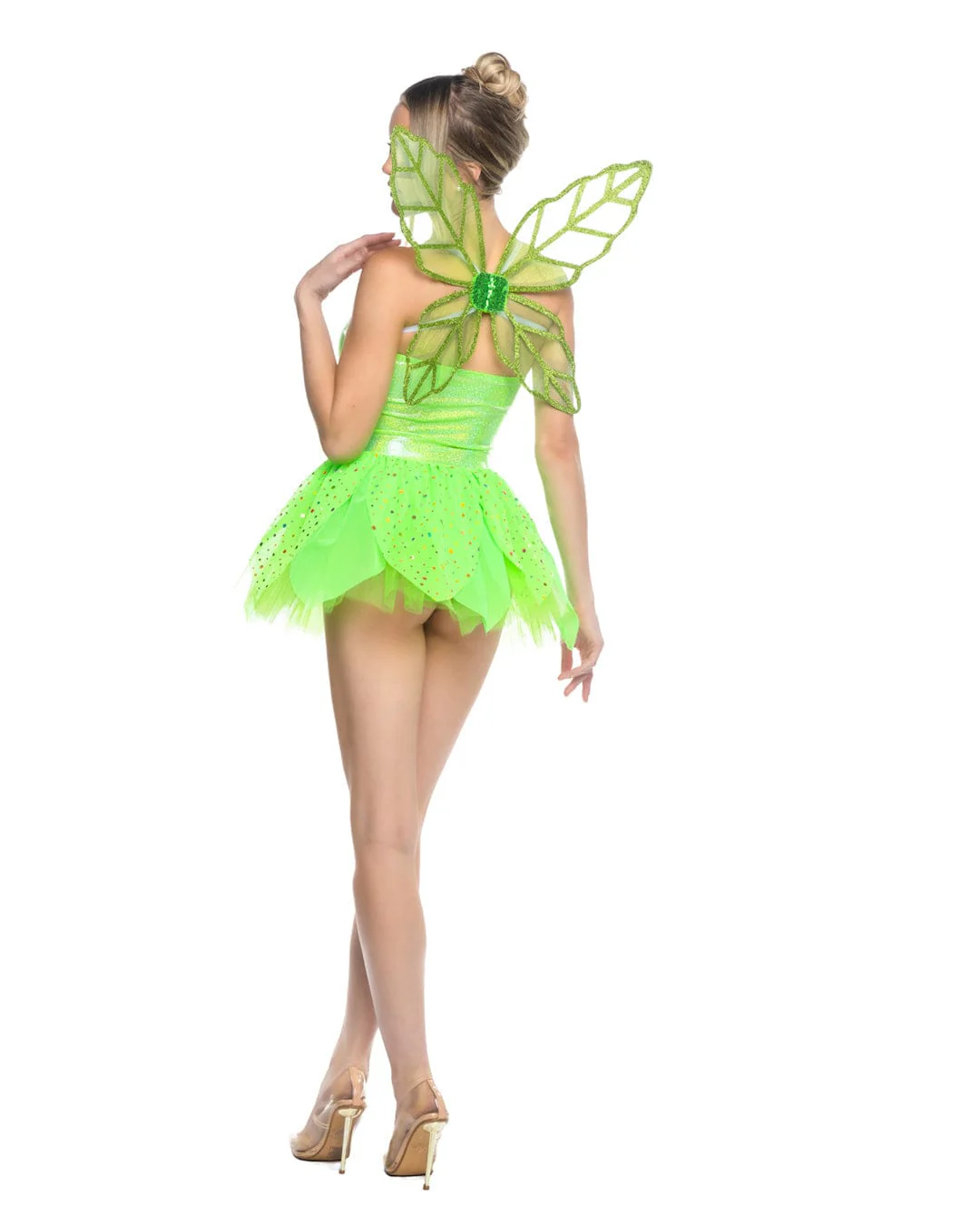 Green Pixie Fairy Glitter & Mesh Strapless Mini Dress, Tulle Skirt & Translucent Wings Cosplay Costume - Image 2