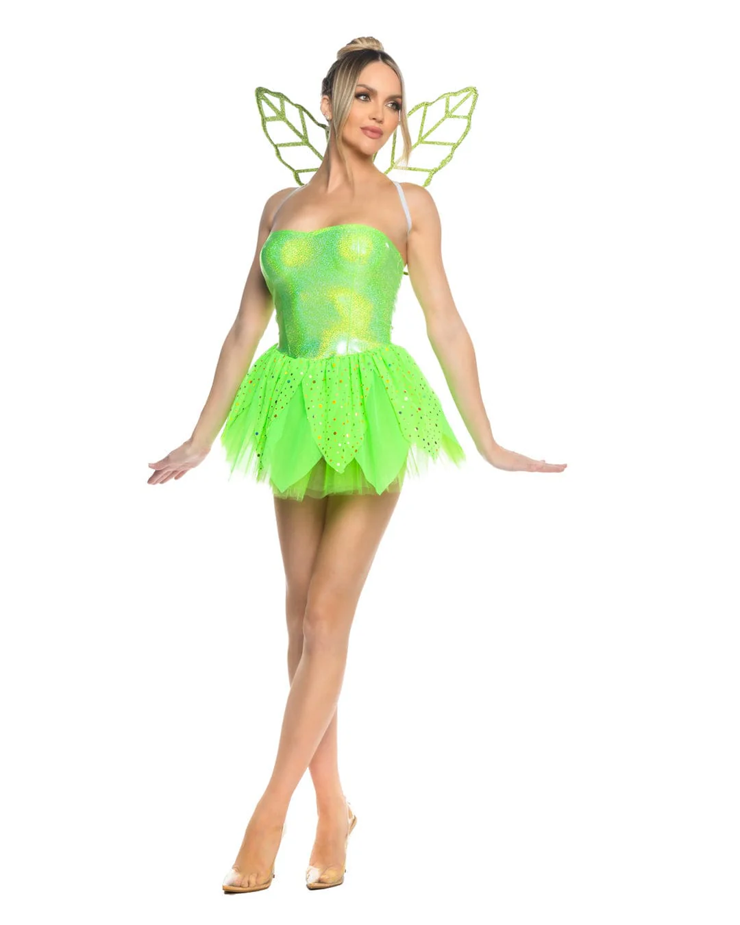Green Pixie Fairy Glitter & Mesh Strapless Mini Dress, Tulle Skirt & Translucent Wings Cosplay Costume - Image 3