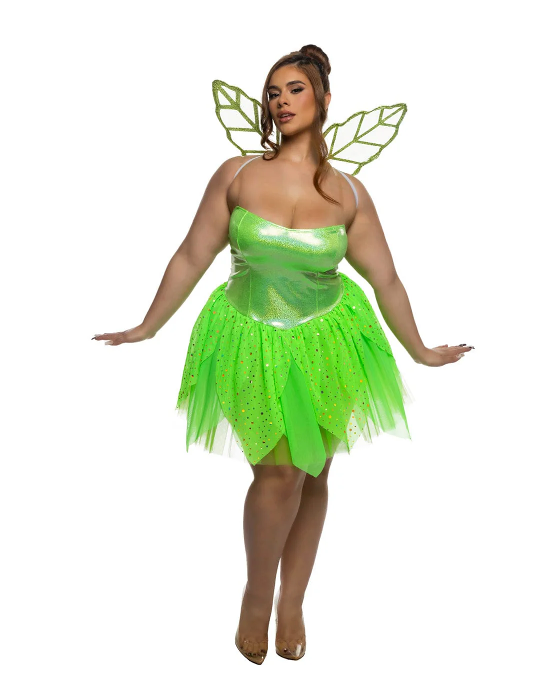 Green Pixie Fairy Glitter & Mesh Strapless Mini Dress, Tulle Skirt & Translucent Wings Cosplay Costume - Image 4