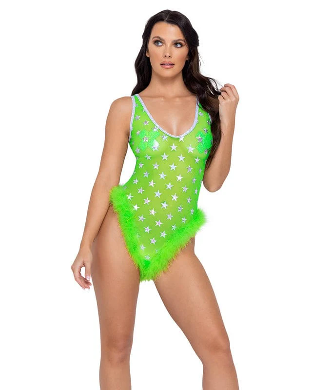 Green Sheer w/ Silver Star Marabou Trim Romper Festival Ravewear