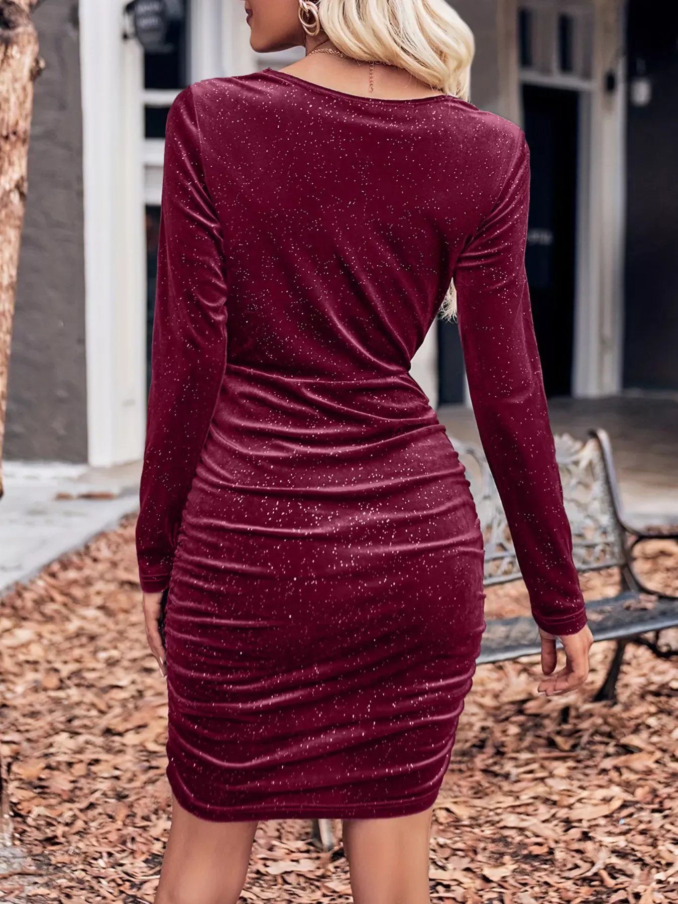 Green Velvet Cowl Neck Ruched Bodycon Dress - Image 8