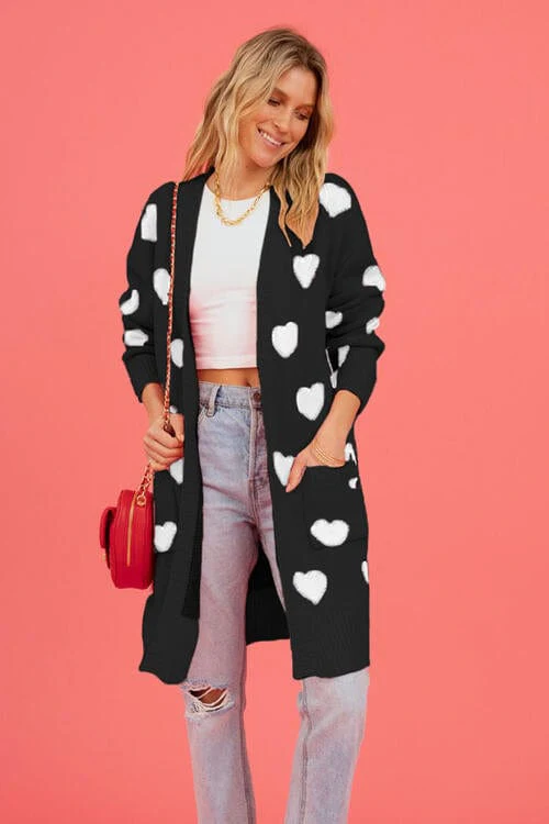 Heart Graphic Open Front Cardigan with Pockets - Image 11