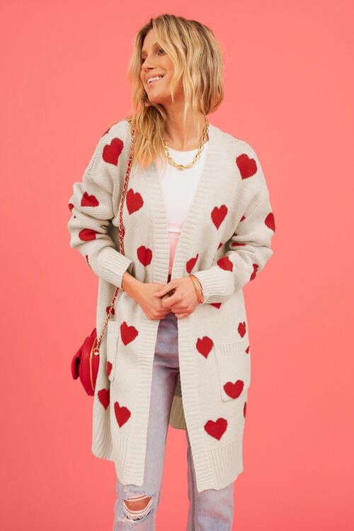 Heart Graphic Open Front Cardigan with Pockets - Image 4