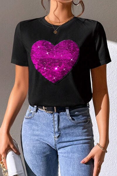 Heart Sequin Round Neck Short Sleeve T-Shirt - Image 2