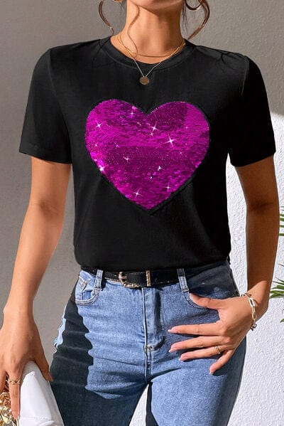 Heart Sequin Round Neck Short Sleeve T-Shirt - Image 3