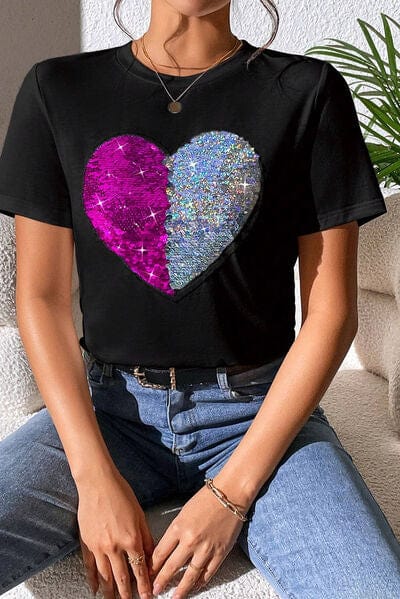 Heart Sequin Round Neck Short Sleeve T-Shirt - Image 4
