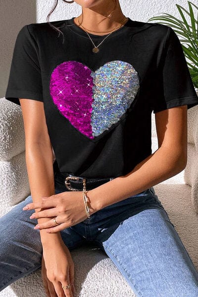 Heart Sequin Round Neck Short Sleeve T-Shirt - Image 5