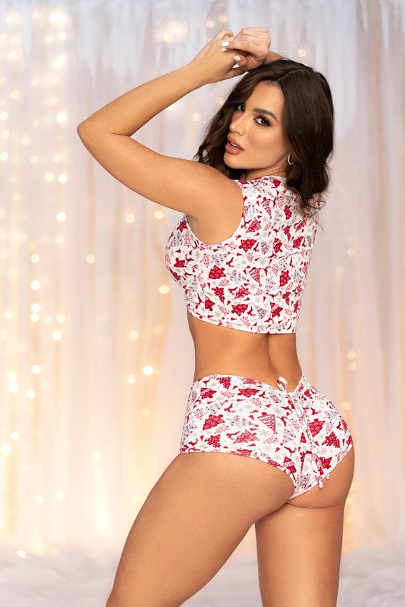 White Holiday Print Drawstring Crop Top & Cheeky Shorts Loungewear - Image 2
