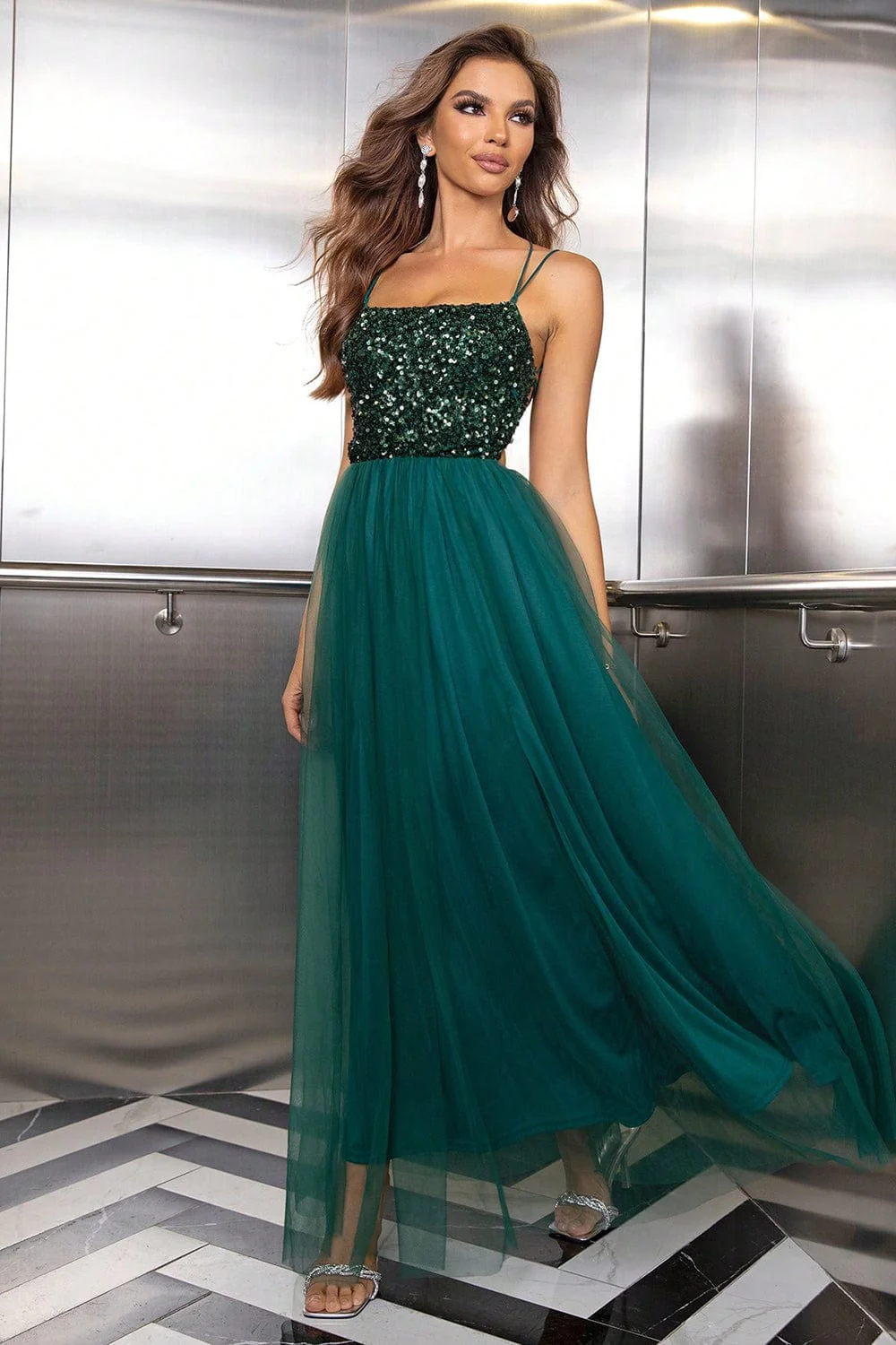 Green Sequin & Mesh Tulle Lace-Up Maxi Party Dress