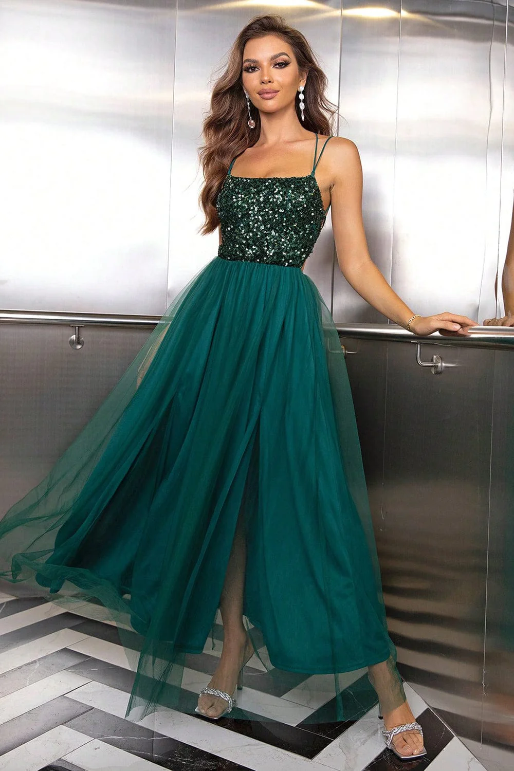 Green Sequin & Mesh Tulle Lace-Up Maxi Party Dress - Image 3