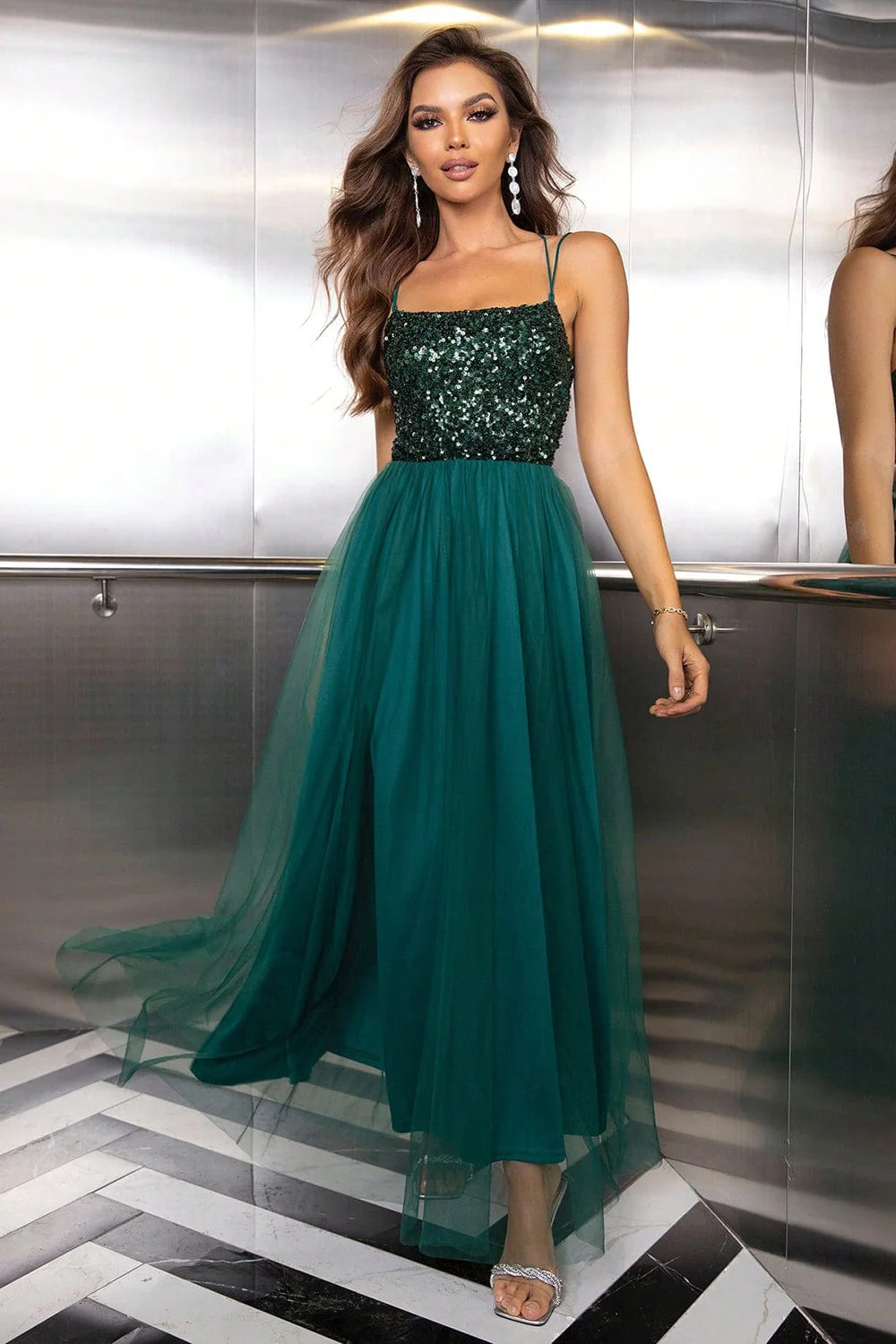 Green Sequin & Mesh Tulle Lace-Up Maxi Party Dress - Image 4