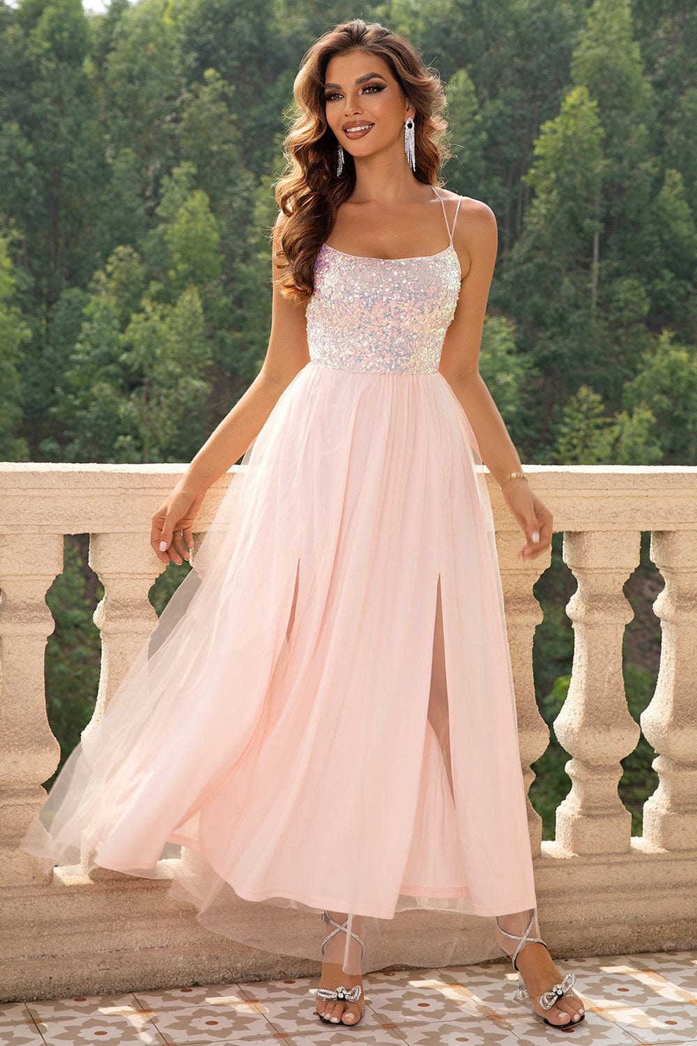 Green Sequin & Mesh Tulle Lace-Up Maxi Party Dress - Image 9