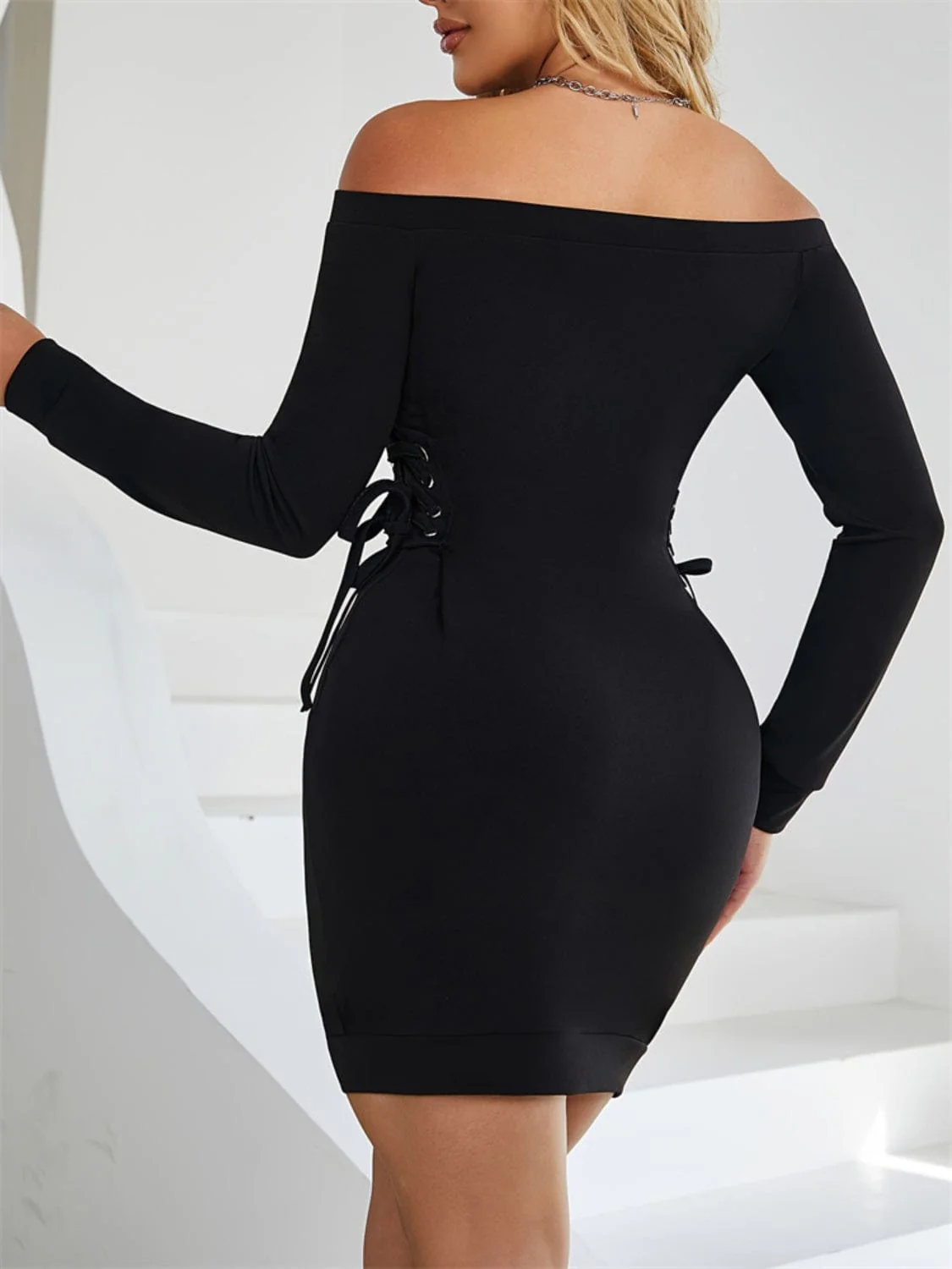 Black Lace-Up Sides Off Shoulder Long Sleeve Mini Party Club Dress - Image 4
