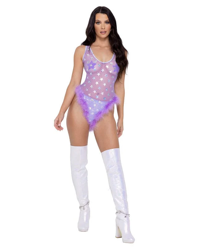 Lavender Sheer w/ Silver Star Marabou Trim Romper Festival Ravewear