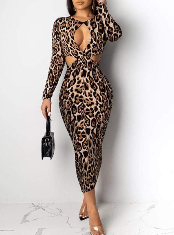 Leopard Print Cut Out Long-sleeved Midi Dress - Image 2