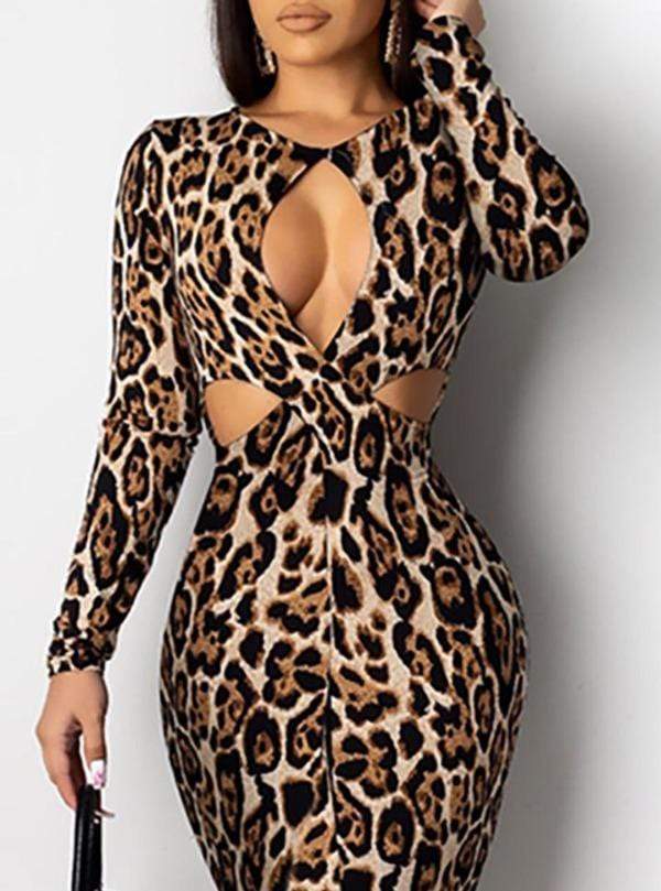 Leopard Print Cut Out Long-sleeved Midi Dress - Image 3