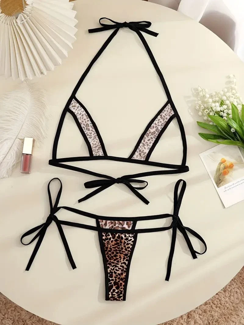 Leopard Velvet Animal Print Open Bust Triangle Top & G-String Thong Cosplay Costume Lingerie - Image 2