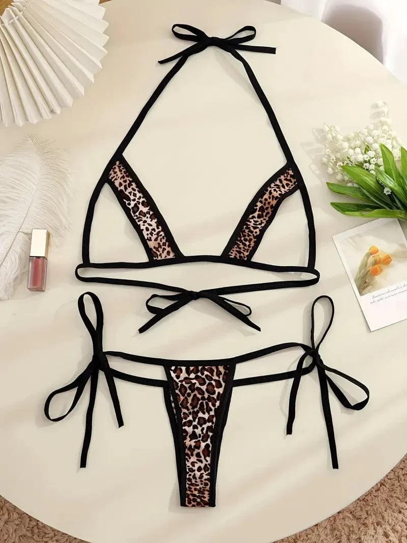 Leopard Velvet Animal Print Open Bust Triangle Top & G-String Thong Cosplay Costume Lingerie - Image 3