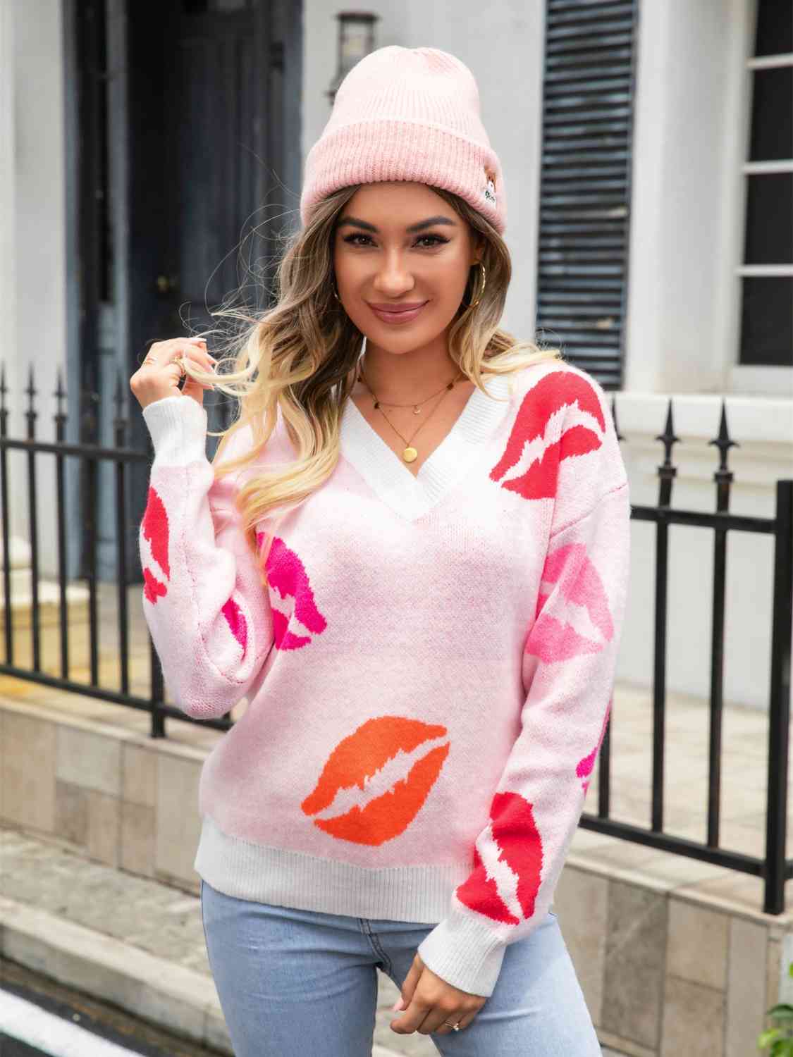 Lip V-Neck Drop Shoulder Sweater - Image 3
