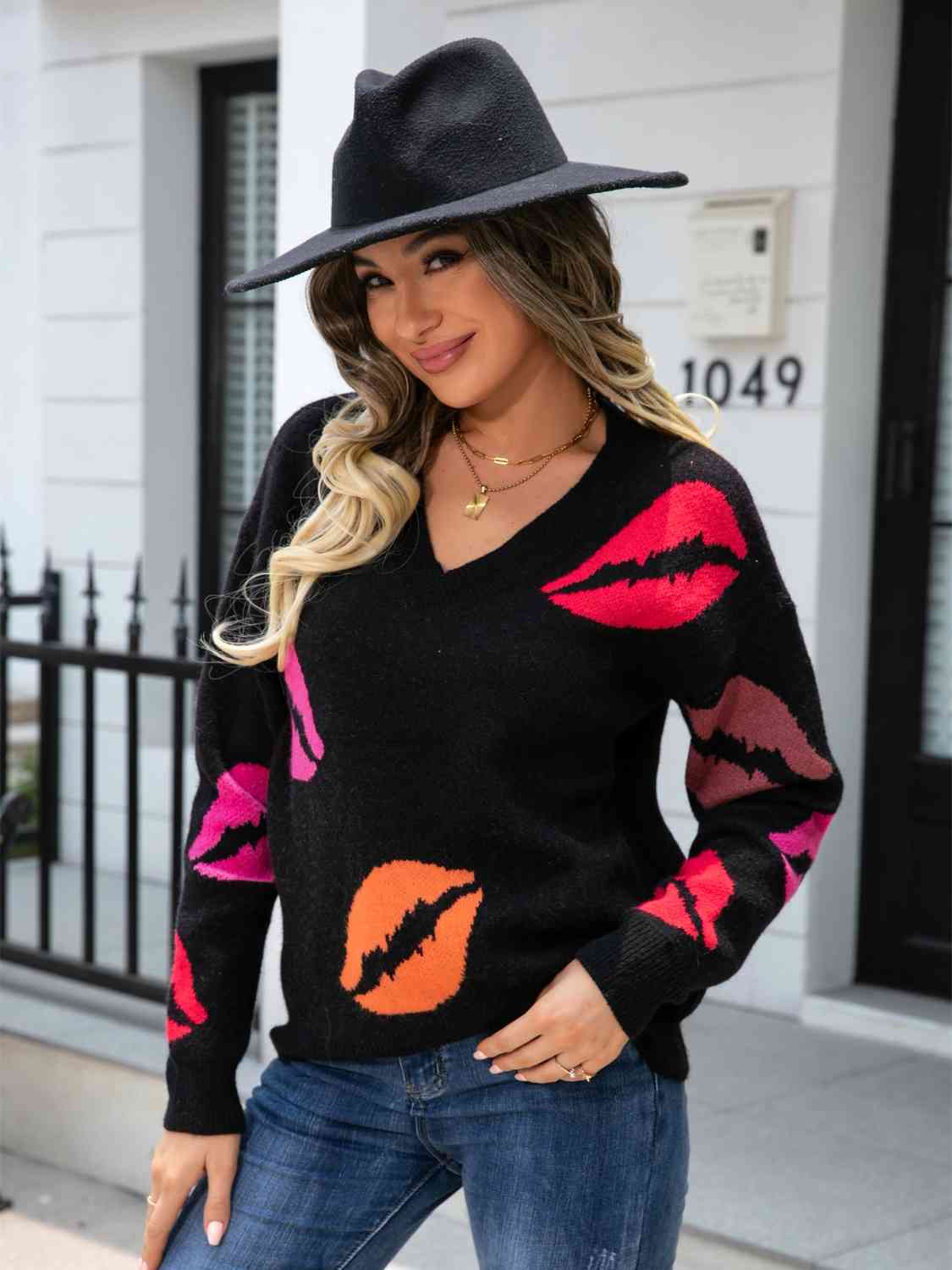 Lip V-Neck Drop Shoulder Sweater - Image 4