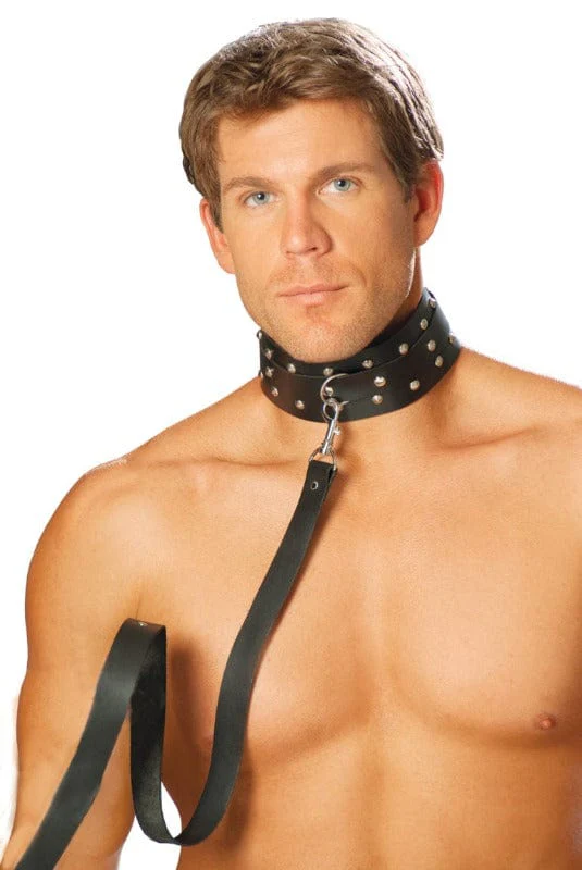 Men’s Black Leather O Ring w/ Studs Collar