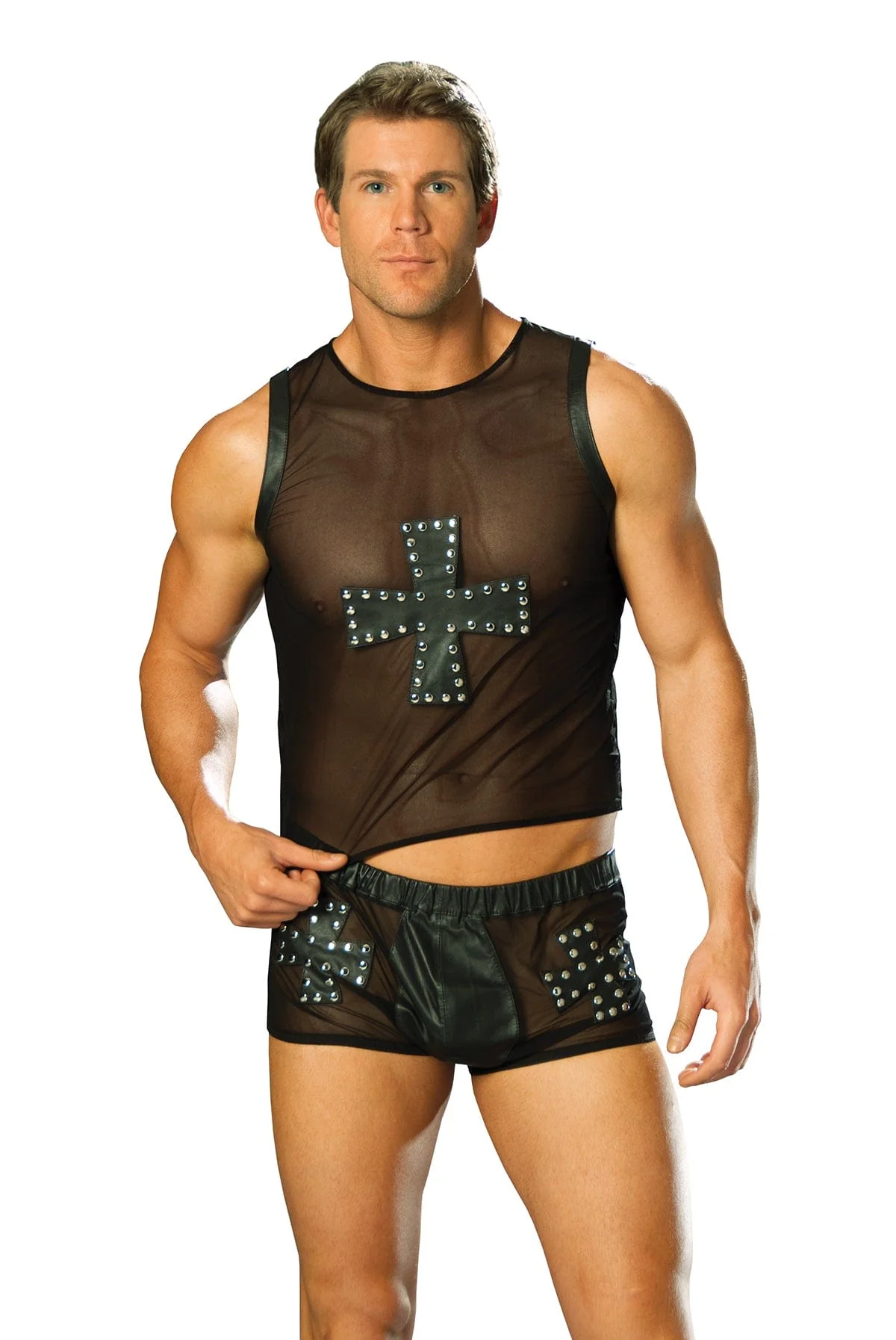 Men’s Black Mesh Leather Cross w/ Nail Heads Tank Top