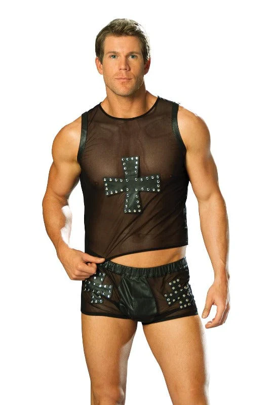 Men’s Black Mesh & Leather w/ Cross Nail Heads Shorts