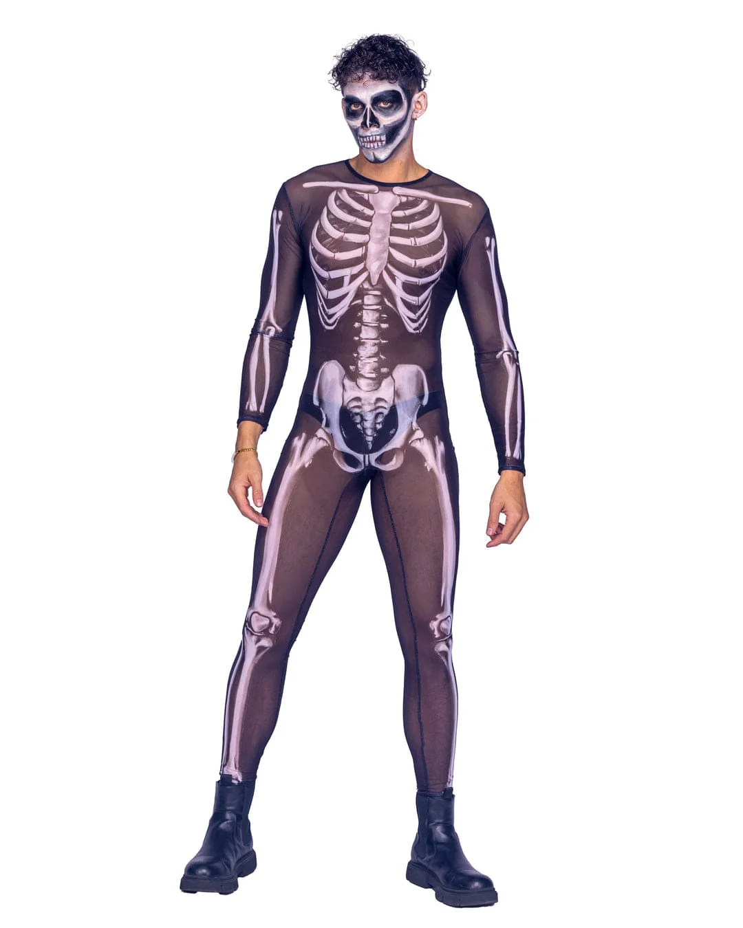 Men's Sheer Black Skeleton Bodysuit Jumpsuit Halloween Day Of Dead Costume
