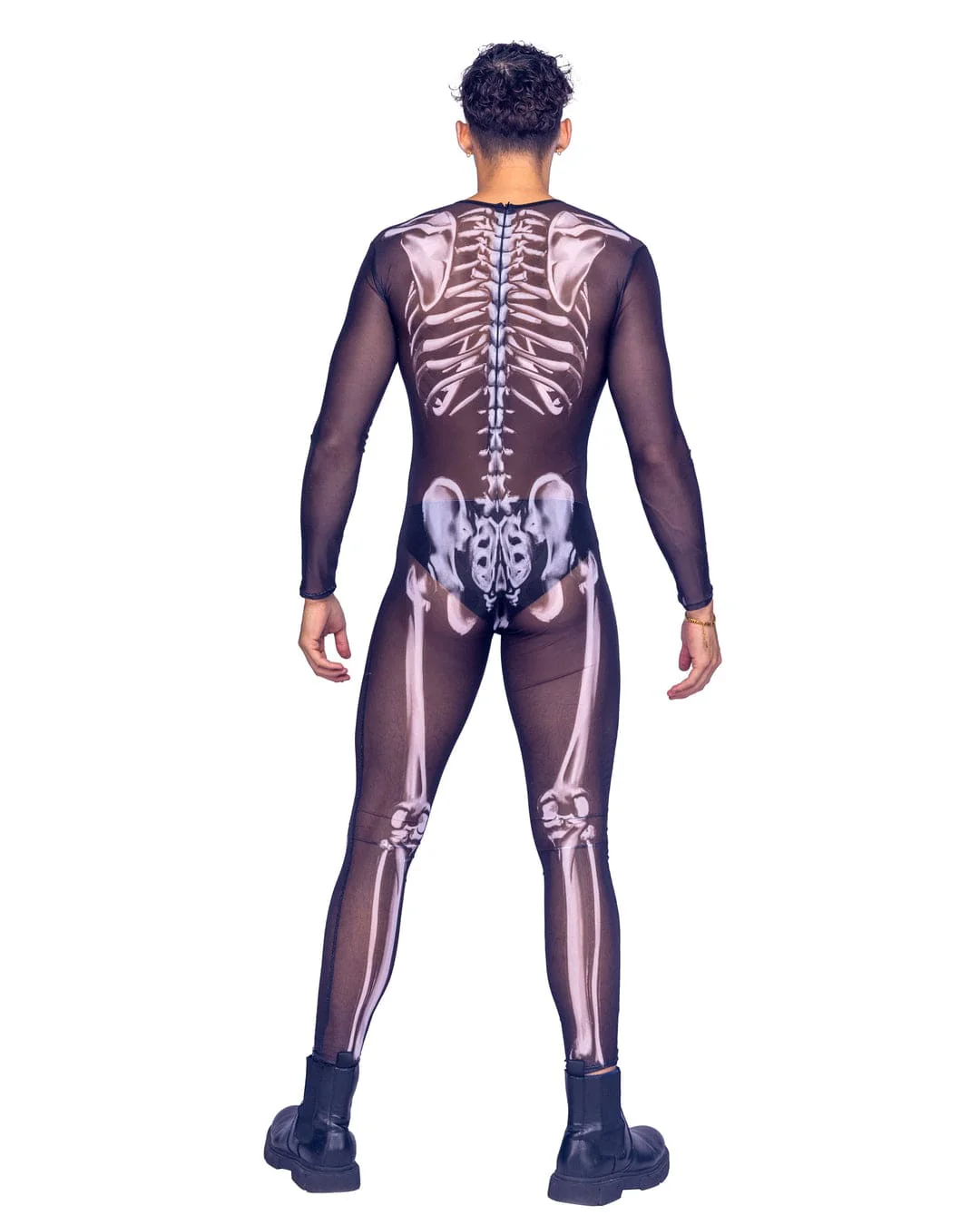 Men's Sheer Black Skeleton Bodysuit Jumpsuit Halloween Day Of Dead Costume - Image 2