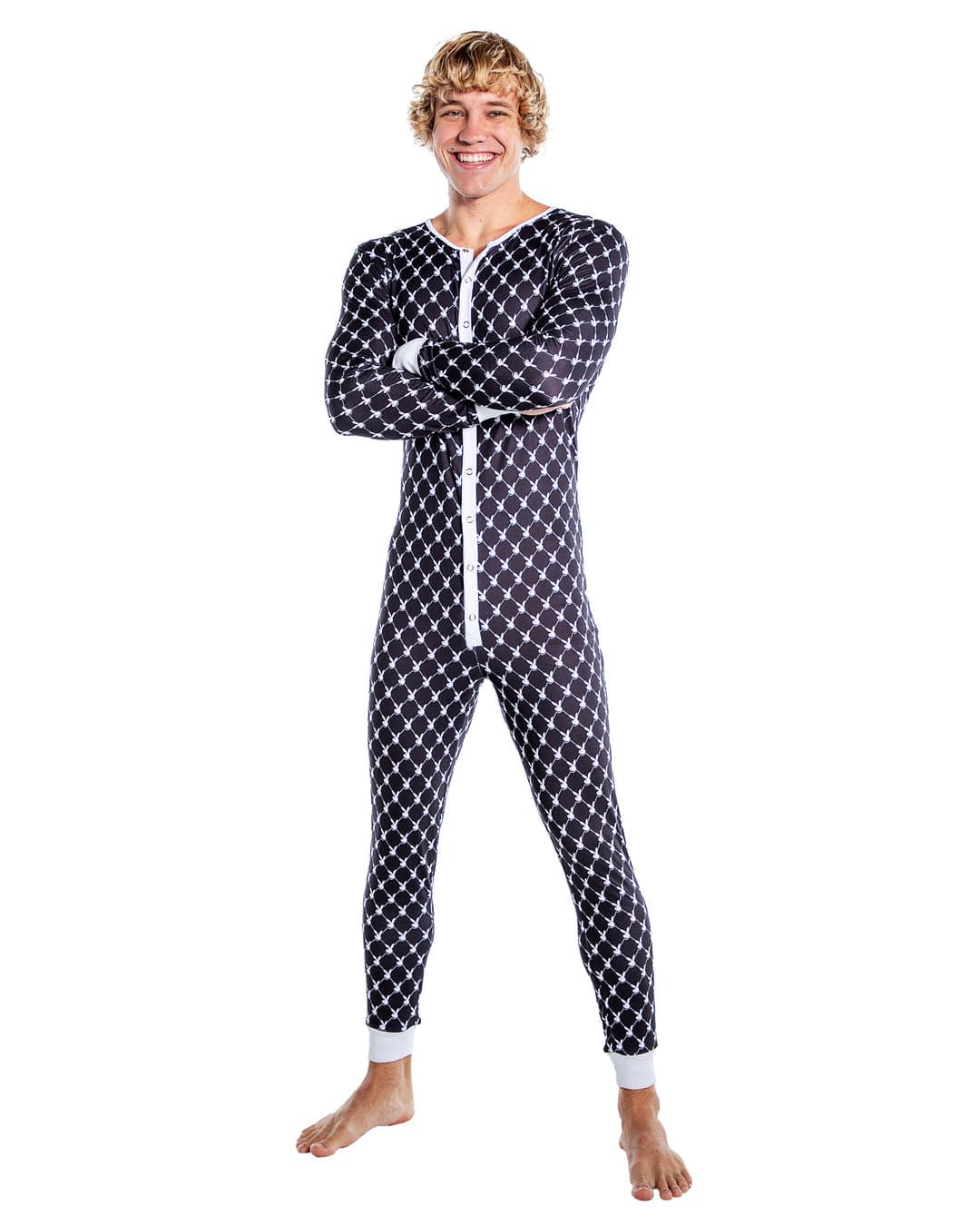 Men's Playboy Bunny Black Diamond Print Open Butt Flap Jumpsuit
