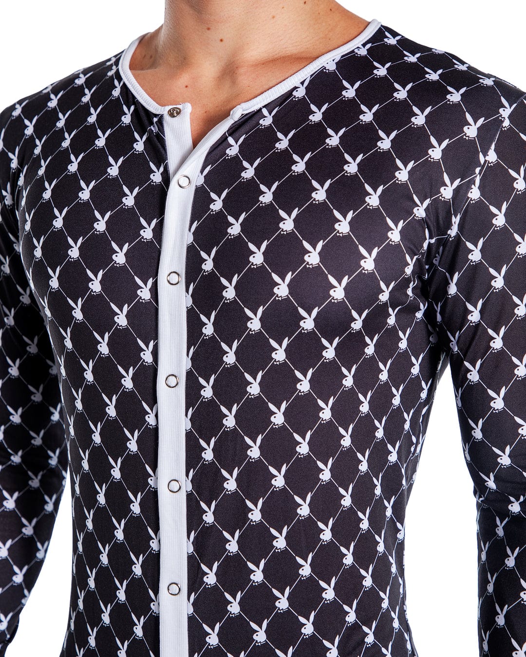 Men's Playboy Bunny Black Diamond Print Open Butt Flap Jumpsuit - Image 3