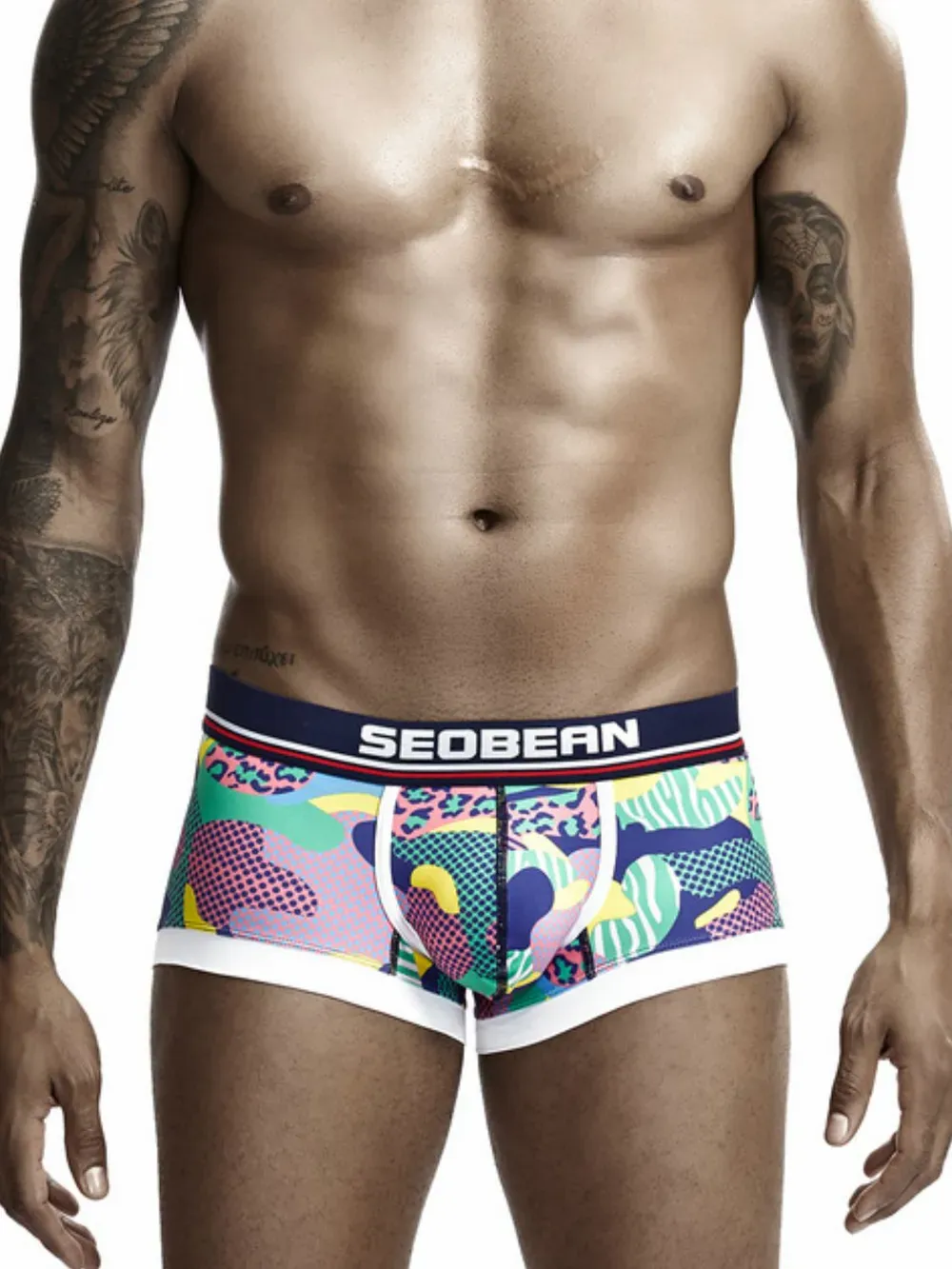 Men's White Multi-Color Abstract Contrast Brief Trunk Underwear - Image 2