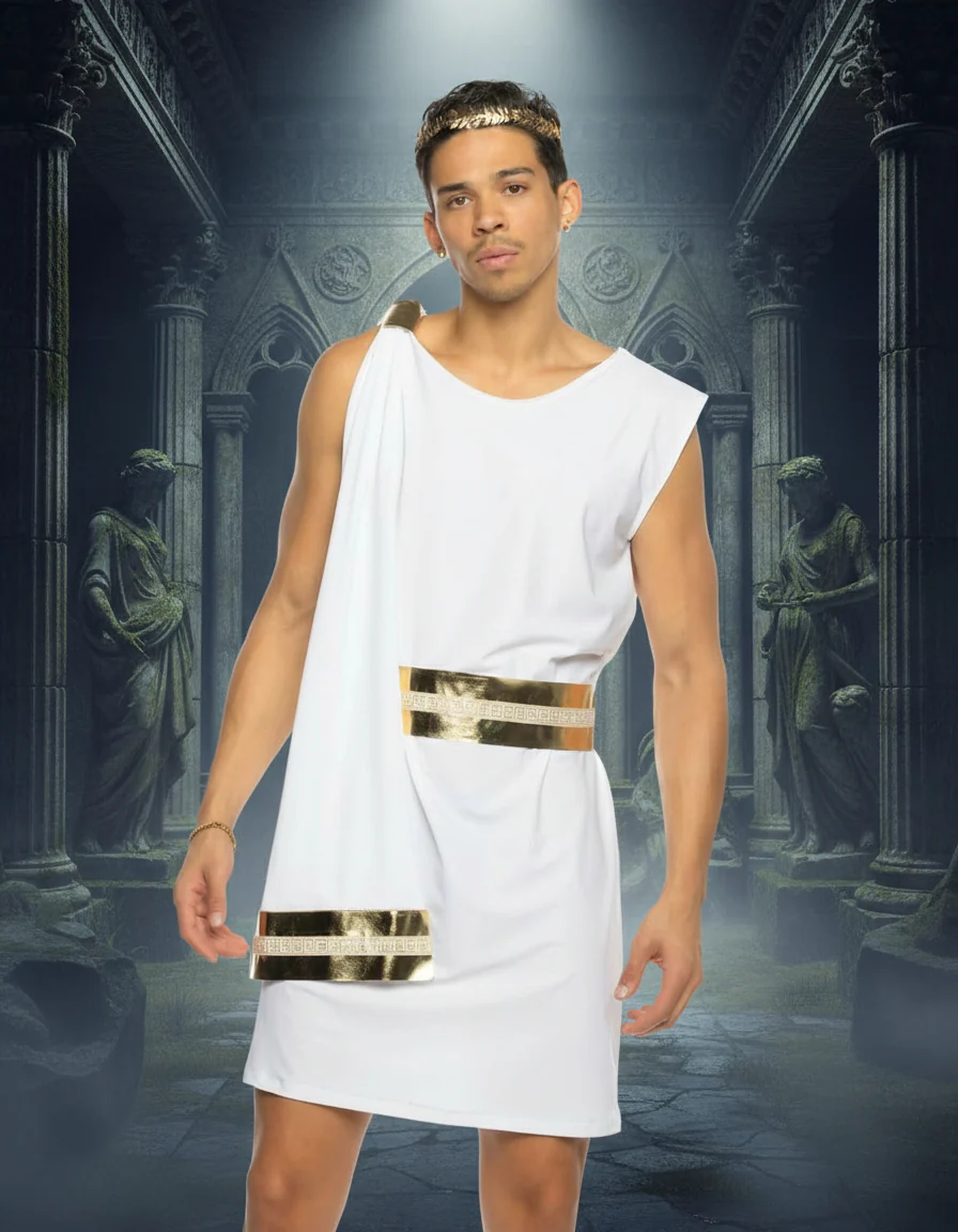 Men's White Gilded Greek God Toga Tunic & Faux Leather Belt Cosplay Costume