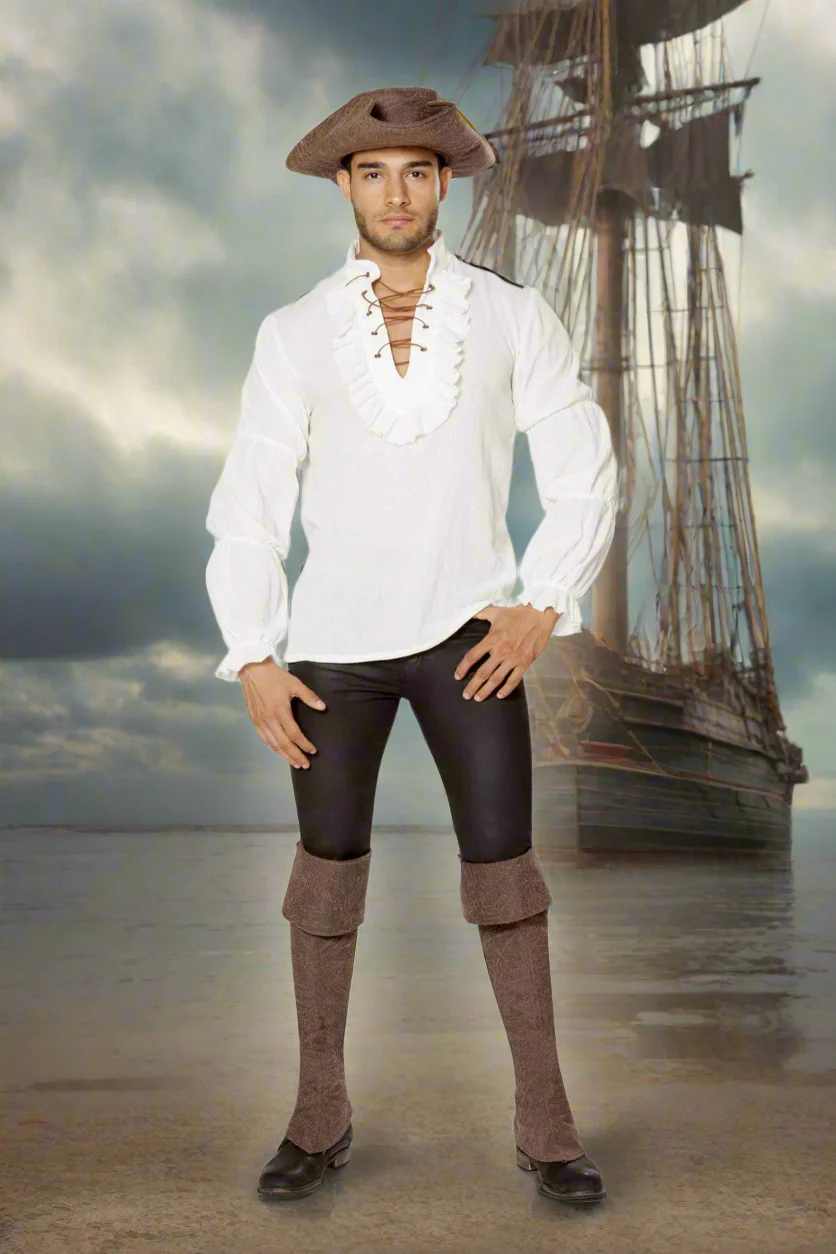 Men's White Long-sleeve Lace-Up Ruffle Pirate Shirt Cosplay Costume