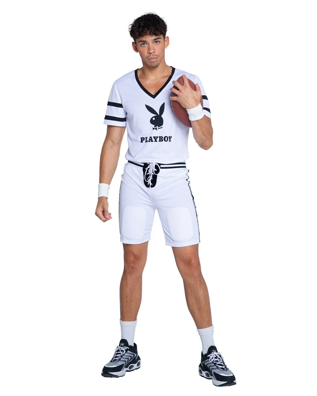 Men's White Playboy Bunny V-neck Football Jersey, Shorts & Cuffs Halloween Cosplay Costume
