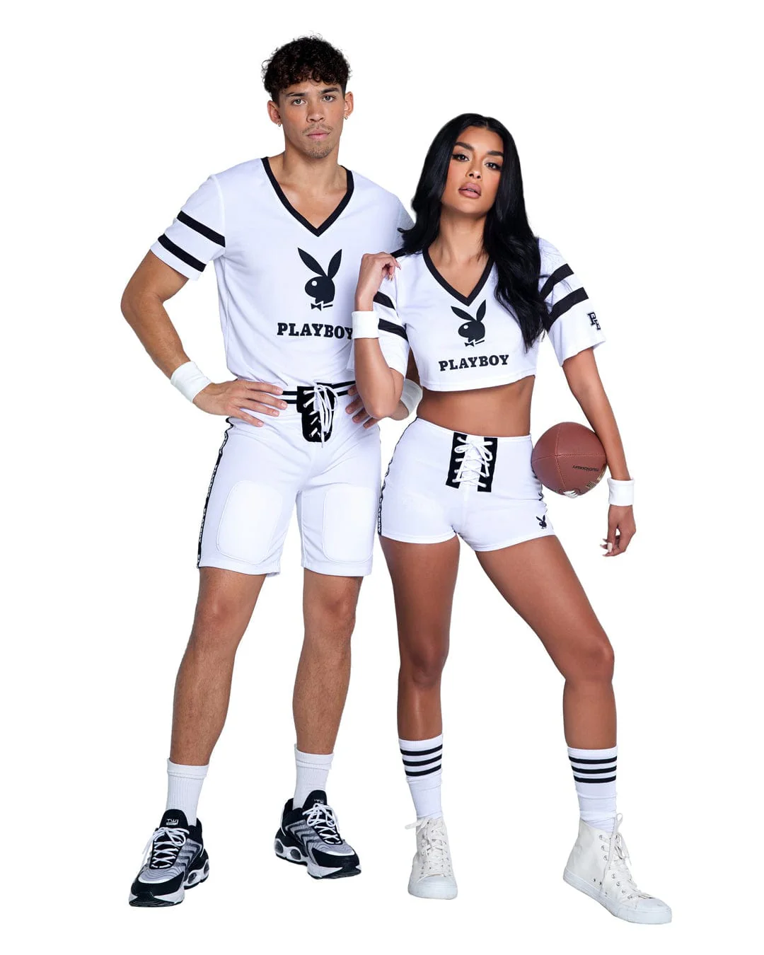 Men's White Playboy Bunny V-neck Football Jersey, Shorts & Cuffs Halloween Cosplay Costume - Image 3